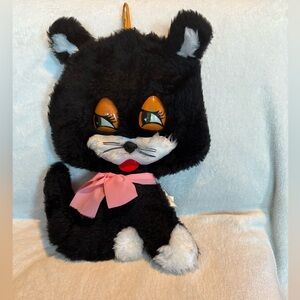 VTG black cat plush Pj holder Leco Toys (W.E.) Ltd UK Pink Bow Cute Halloween